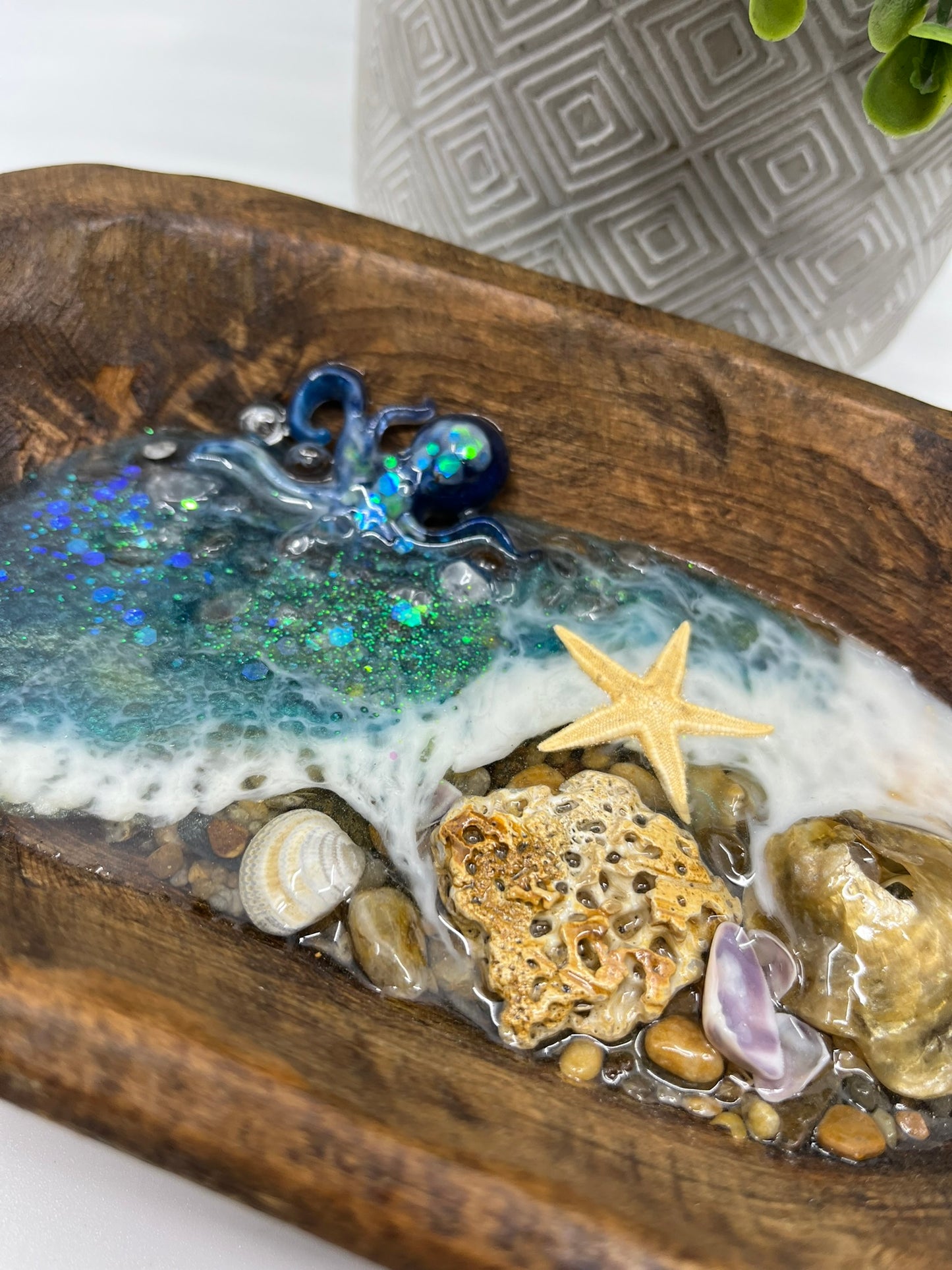 Wooden Primitive Dough Bowl with Ocean Resin Octopus and Outer Banks Shells