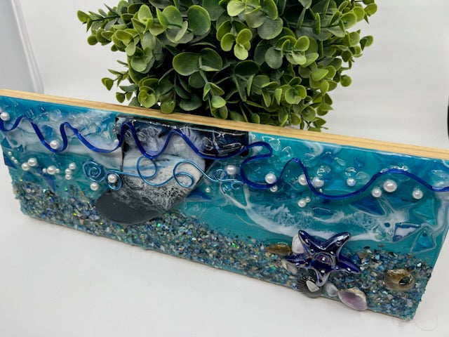 Mixed Media Art. Resin Abstract Surfboard Fin on Wood 5.5" x 16"