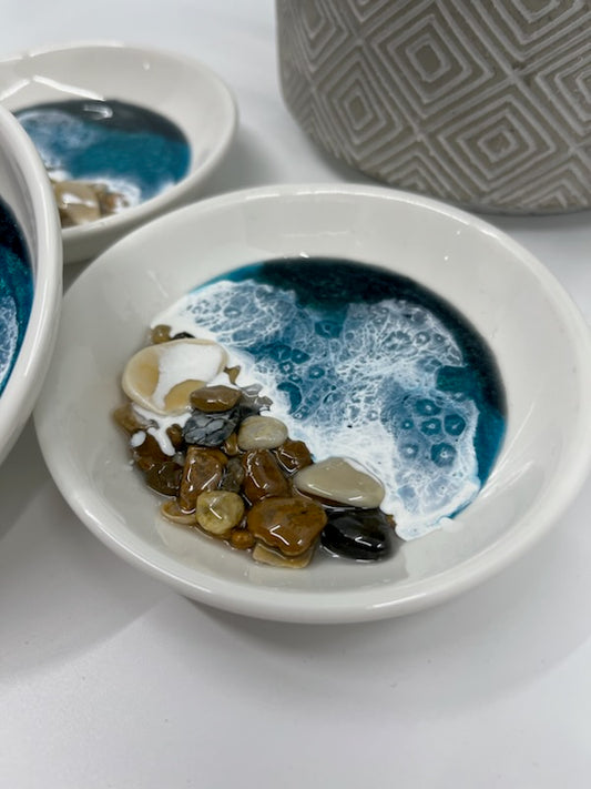 Ring Trinket Dish. Round 3" Ceramic with Shells and Resin Ocean Waves Dark Teal