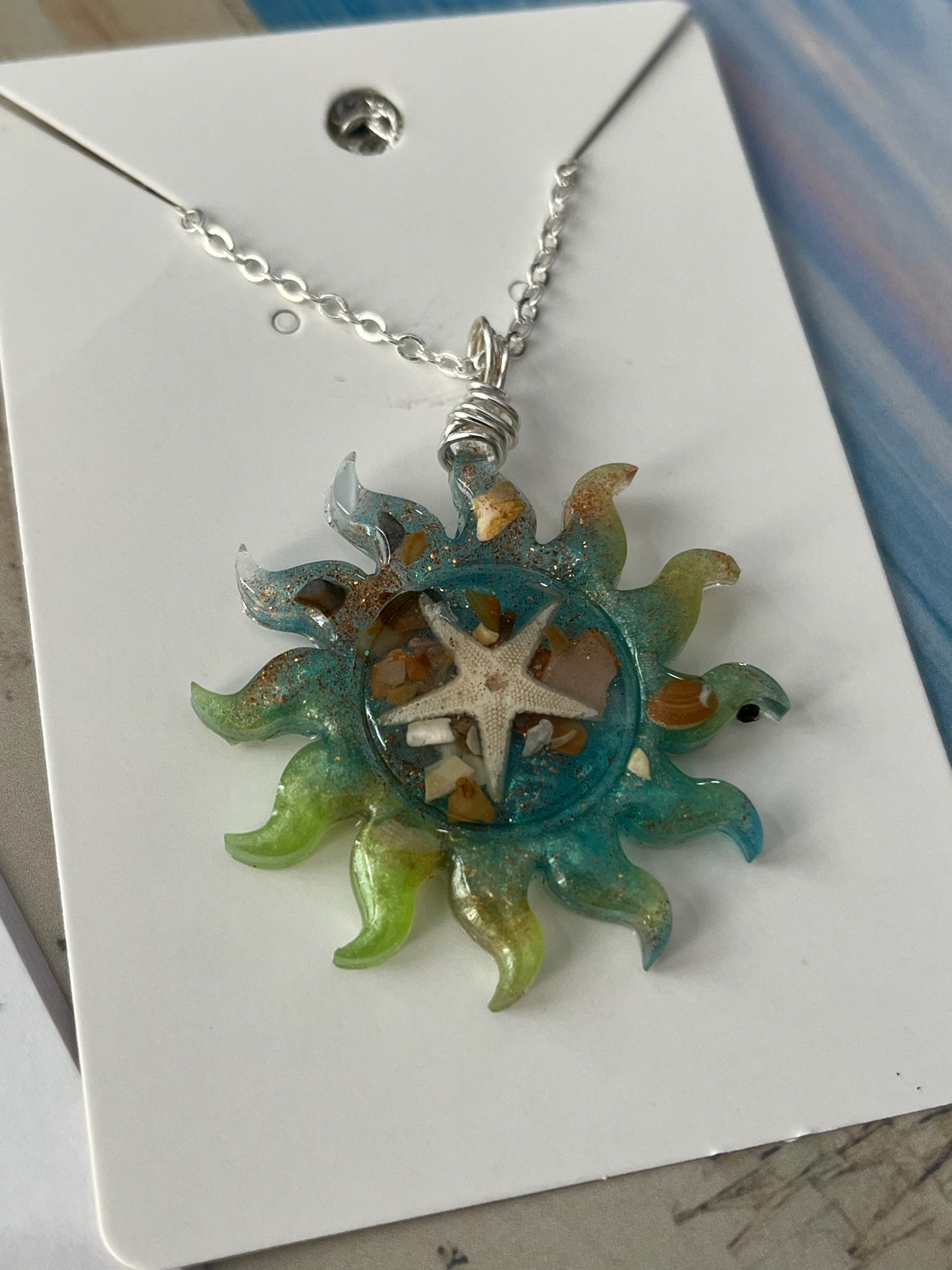 Real OBX Sand and Mini Starfish in Resin Sun Necklace