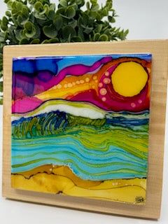 Hand Painted Ceramic Tiles - Alcohol Ink Sealed with Resin on 7" x 7" Wood  #3