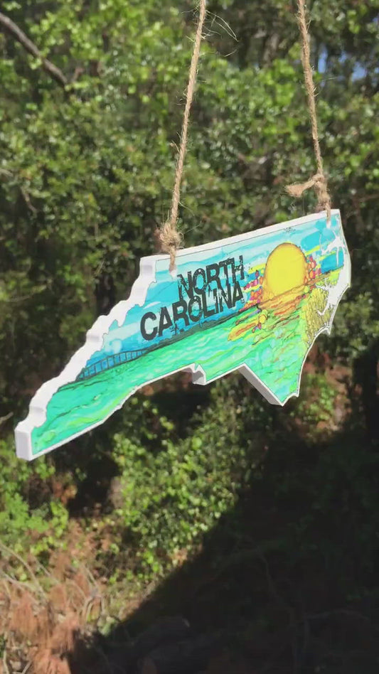 Small North Carolina State Shape Wall Hanger Ornament with painting of the Sound waters of The Outer Banks NC