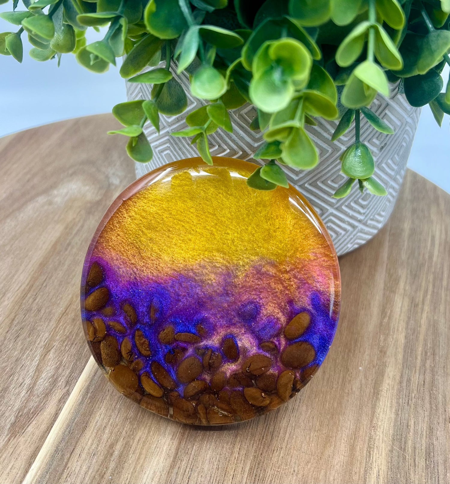 hand made resin coasters with unique designs from coffee beans to ocean resin waves and shells