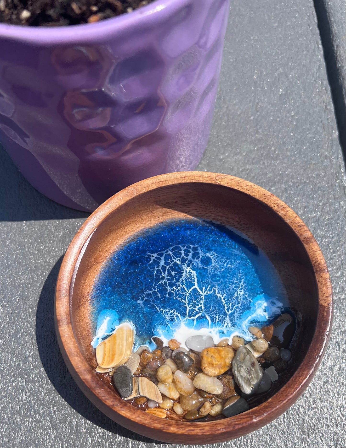 Ocean Resin Waves and Shells Small Wood Ring Trinket Bowl