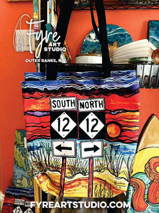 Outer Banks Highway 12 < S N > Tote Bag. Canvas 16" x 16" Tote Bag with Barbara Newsome painting of Famous HWY 12 Signage.