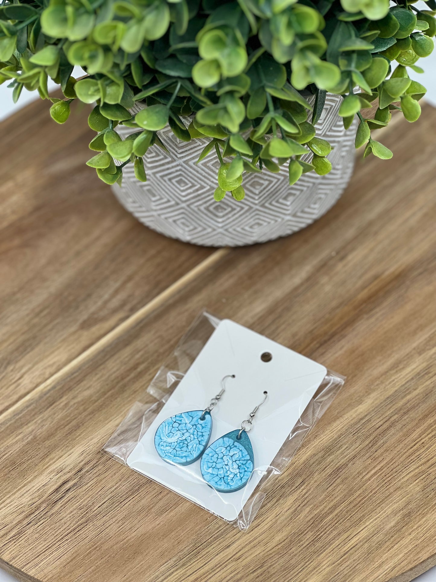 Earrings - Hand Made Resin Tear Drop Earrings, Blue and Unique White pattern