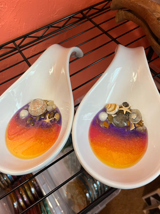 Large Ceramic Spoon Rest with Sunset Resin and Outer Banks Shells