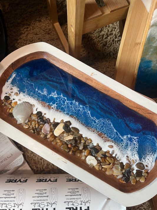 6" x 12" Wooden Tray with BLUE Resin Ocean Waves and Shells