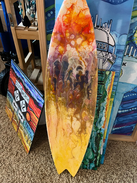 Surfboard Art. Orange and Purple Acrylic Pour on Foam Sealed with Resin 24" x 6"