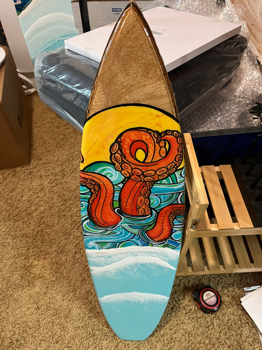 8" x 31" Wooden Surfboard Resin Ocean Waves with Octopus Painting