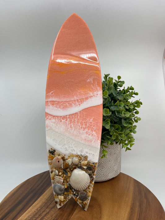 Resin Surfboard Wall Art. Coral Colored Resin Waves with Outer Banks Shells