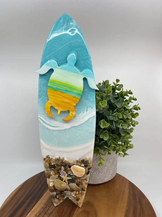 Resin Surfboard Wall Art. Hand Painted Sea Turtle, Light Blue Colored Resin Waves and Outer Banks Shells