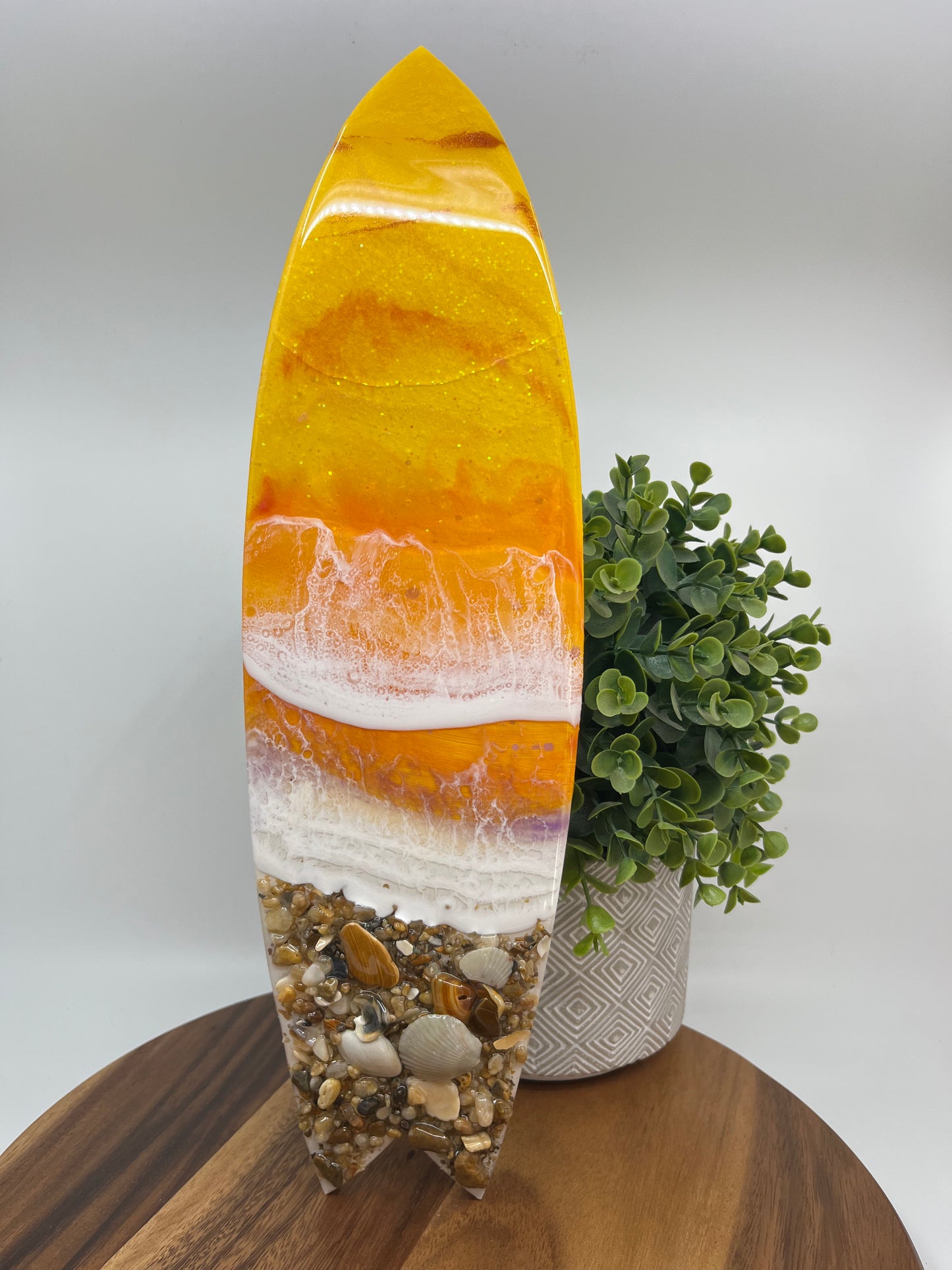 Resin Surfboard Wall Art. Yellow Orange Sunset Colored Resin Waves with Outer Banks Shells