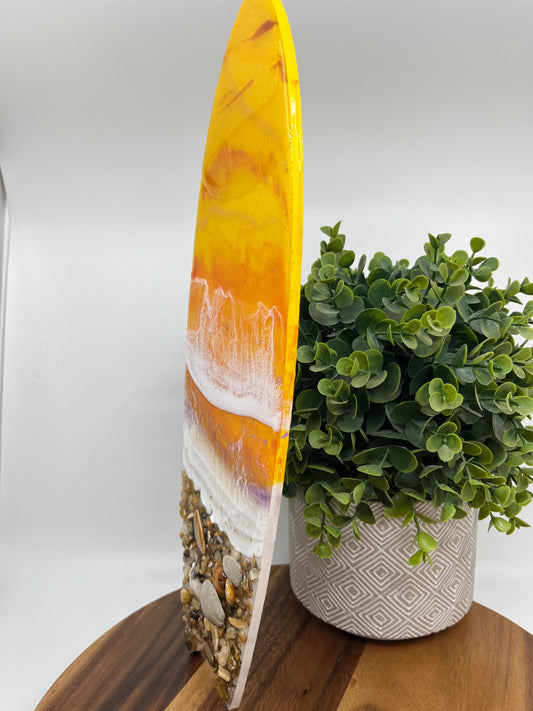 Resin Surfboard Wall Art. Yellow Orange Sunset Colored Resin Waves with Outer Banks Shells