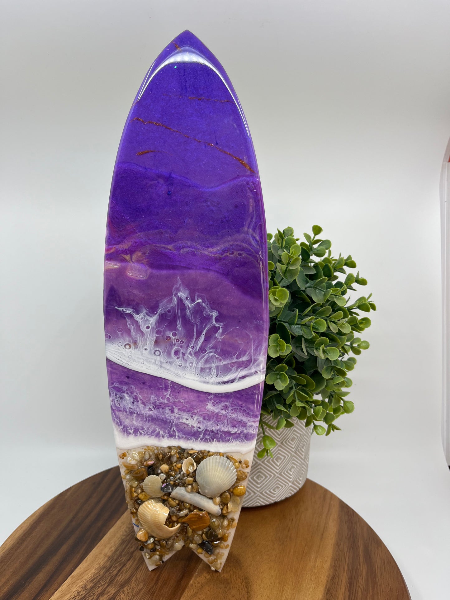 Resin Surfboard Wall Art. Purple Colored Resin Waves with Outer Banks Shells