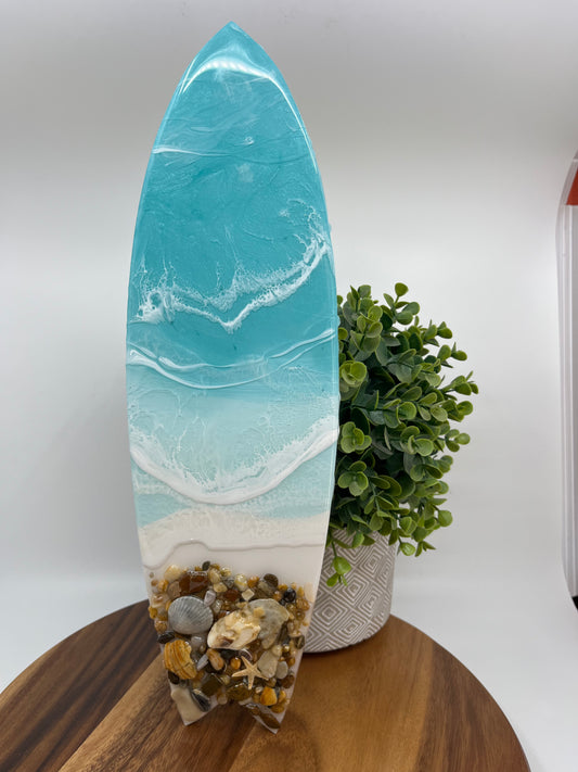 Resin Surfboard Wall Art. Light Blue Colored Resin Waves with Outer Banks Shells