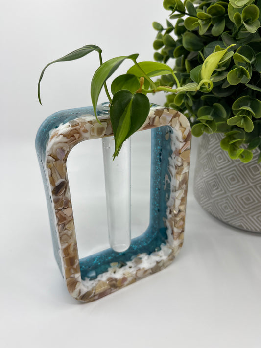 Plant Test Tube Resin Starter Vase - White with Mother of Pearl Shells, Teal, Teal Glitter and Light Blue #3
