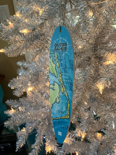 Super Cute Outer Banks Map Ornament Surfboard Shaped. 10" OBX Map Surfboard Wall Hanger or Ornament. Printed on PVC cut out shaped surfboard. Original art by Barbara Newsome Fyre Art Studio. The Outer Banks Map shows all of the towns