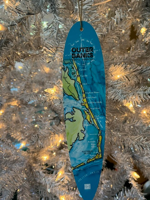 Super Cute Outer Banks Map Ornament Surfboard Shaped. 10" OBX Map Surfboard Wall Hanger or Ornament. Printed on PVC cut out shaped surfboard. Original art by Barbara Newsome Fyre Art Studio. The Outer Banks Map shows all of the towns