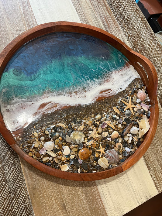 Large 18" Round Wooden Tray with Handles, Blue and Teal Resin Ocean Waves with Outer Banks Shells
