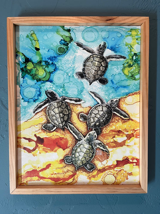 Baby Sea Turtles Entering the Ocean Canvas16" x 22" Baby Turtles Canvas Wood Framed Print of original alcohol ink painting by Barbara Newsome.  If you are a sea turtle fan, you will love this canvas print depicting 4 baby sea turtle hatch-lings making their way to the ocean and future. The painting was created using alcohol inks and pens. The print is framed with natural pine wood.. Barbara Newsome OBX Artist
