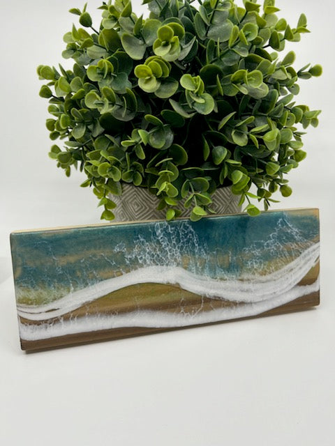 3 1/2" x15" Wood Board with Resin Waves #1. Teal Resin Ocean Waves on wood. Decorate your desk or shelf with this unique piece that will remind you of the ocean. Resin Ocean Wave Art Outer Banks North Carolina