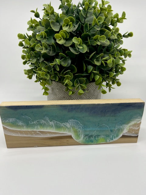 3 1/2" x15" Wood Board with Resin Ocean Waves #4. Beach House Decor.