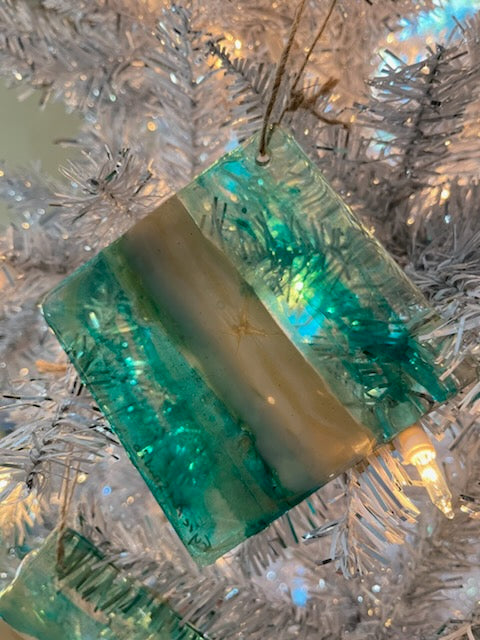 Square Resin Ocean Waves Abstract Ornament. Green, Clear, White and Gold