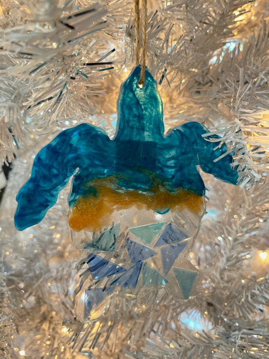 Sea Turtle Ornament with glass pieces. Blue, Gold and Clear Resin