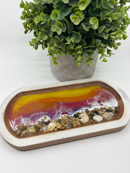 6" x 12" Wooden Tray with Sunset Resin Ocean Waves and Shells