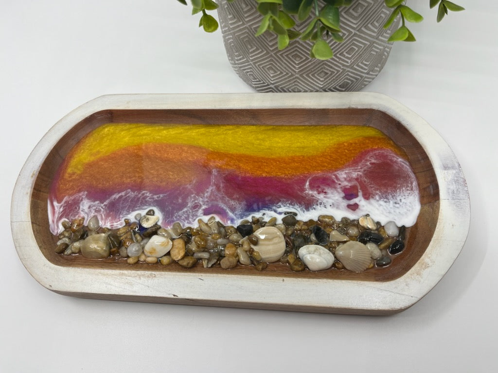 6" x 12" Wooden Tray with Sunset Resin Ocean Waves and Shells