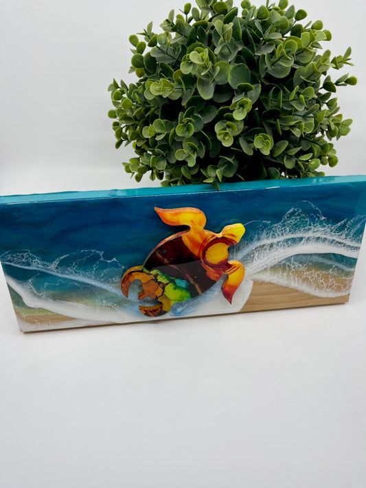 Hand Painted Sea Turtle with Resin Ocean Wave background on Wood