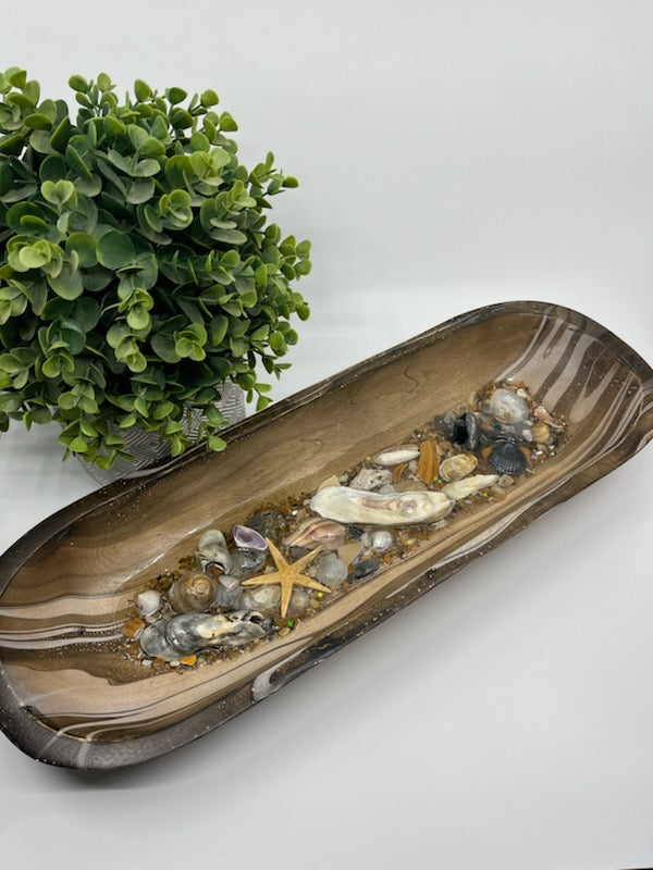 Wooden Oval Bowl Tray 7" x 20" Resin Shells
