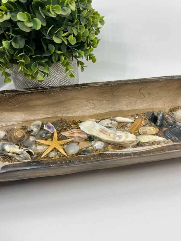 Wooden Oval Bowl Tray 7" x 20" Resin Shells
