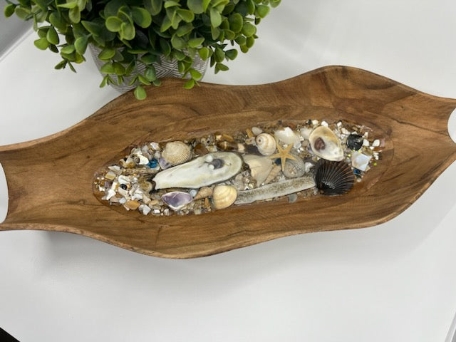 Wooden Unusually Shaped Oval Bowl 7" x 18" Outer Banks Shells and Resin