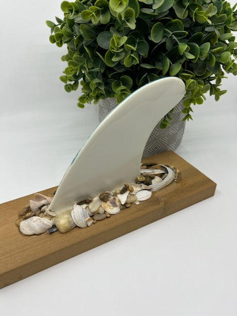 Surfboard Fin Decorated with Ocean Resin, Outer Banks Shells on wooden base #1