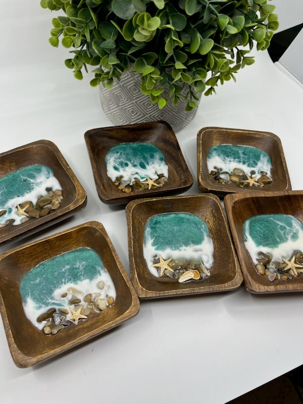 Wood Ring Bowl or Trinket Dish Square Style #1 Light Teal. Ocean Resin Waves and Shells.