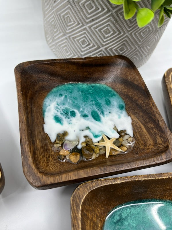 Wood Ring Bowl or Trinket Dish Square Style #1 Light Teal. Ocean Resin Waves and Shells.