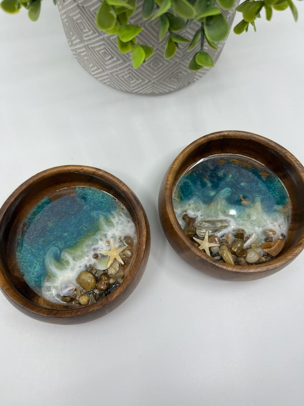 Wood Ring or Trinket Round Bowl Style #1. Lime Green, Teal and Blue Ocean Resin Waves and Outer Banks Shells Shells 3.75"