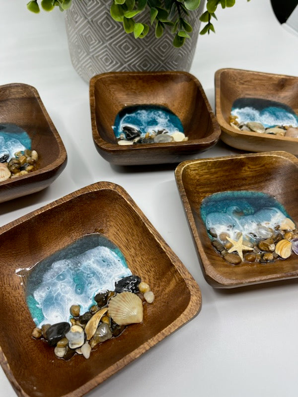Wood Ring Bowl or Trinket Dish Square Style #2 Medium and Dark Teal. Ocean Resin Waves and Shells.