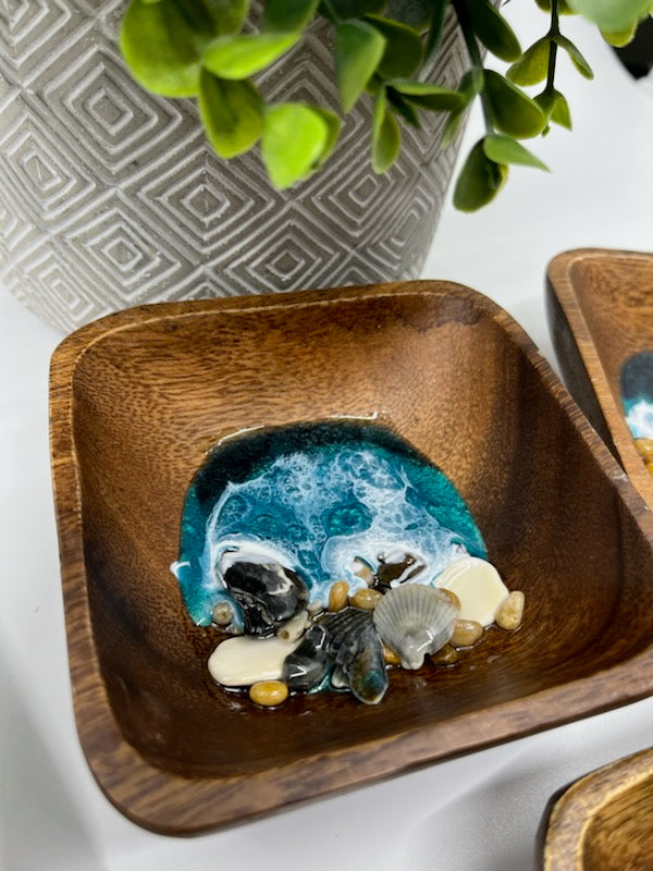 Wood Ring Bowl or Trinket Dish Square Style #2 Medium and Dark Teal. Ocean Resin Waves and Shells.
