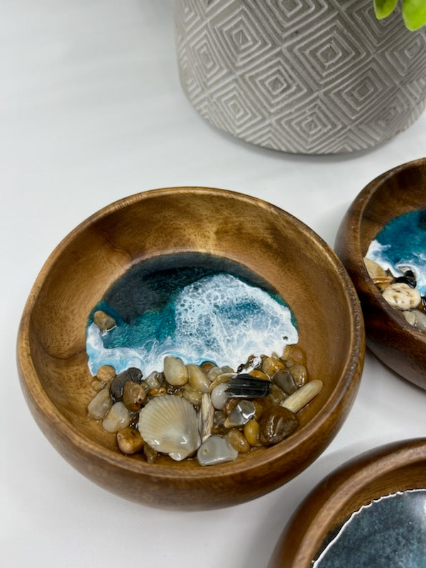 Wood Ring Bowl or Trinket Dish Round Style #2 Medium and Dark Teal. Ocean Resin Waves and Shells.