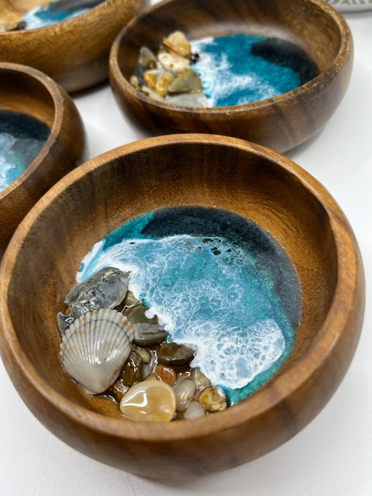 Wood Ring Bowl or Trinket Dish Round Style #2 Medium and Dark Teal. Ocean Resin Waves and Shells.