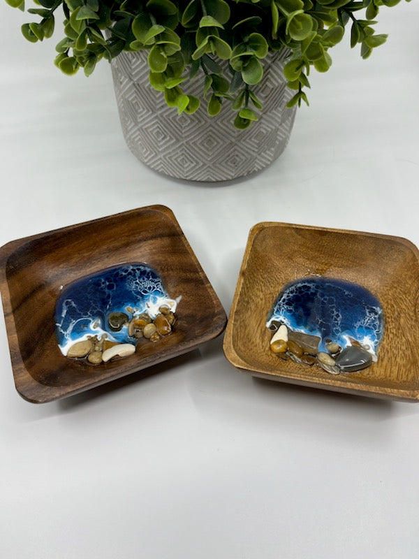 Wood Ring Bowl or Trinket Dish Square Style #3 Dark Blue. Ocean Resin Waves and Shells.