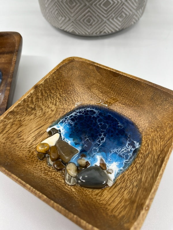 Wood Ring Bowl or Trinket Dish Square Style #3 Dark Blue. Ocean Resin Waves and Shells.