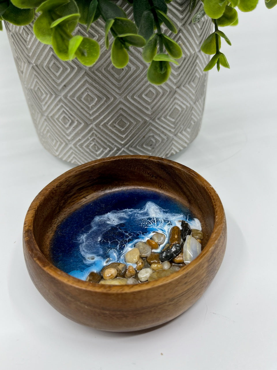 Wood Ring Bowl or Trinket Dish Round Style #3 Dark Blue. Ocean Resin Waves and Shells.