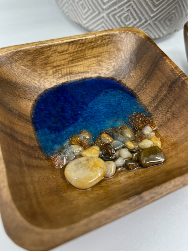 Wood Ring Bowl or Trinket Dish Square Style #4 Dark Blue Copper. Ocean Resin Waves and Shells.