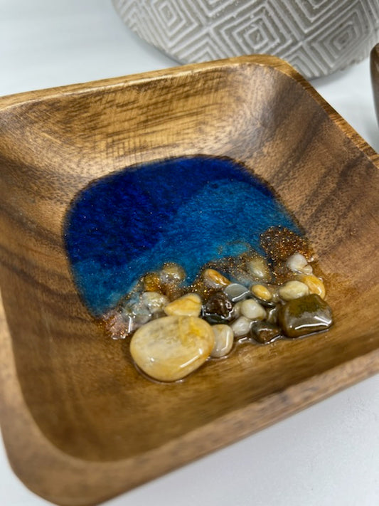 Wood Ring Bowl or Trinket Dish Square Style #4 Dark Blue Copper. Ocean Resin Waves and Shells.