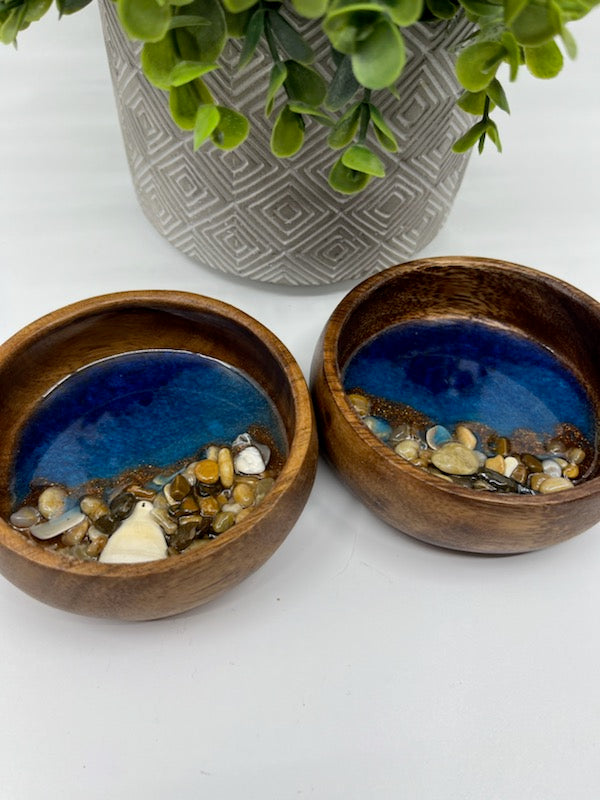 Wood Ring Bowl or Trinket Dish Round Style #4 Dark Blue Copper. Ocean Resin Waves and Shells.