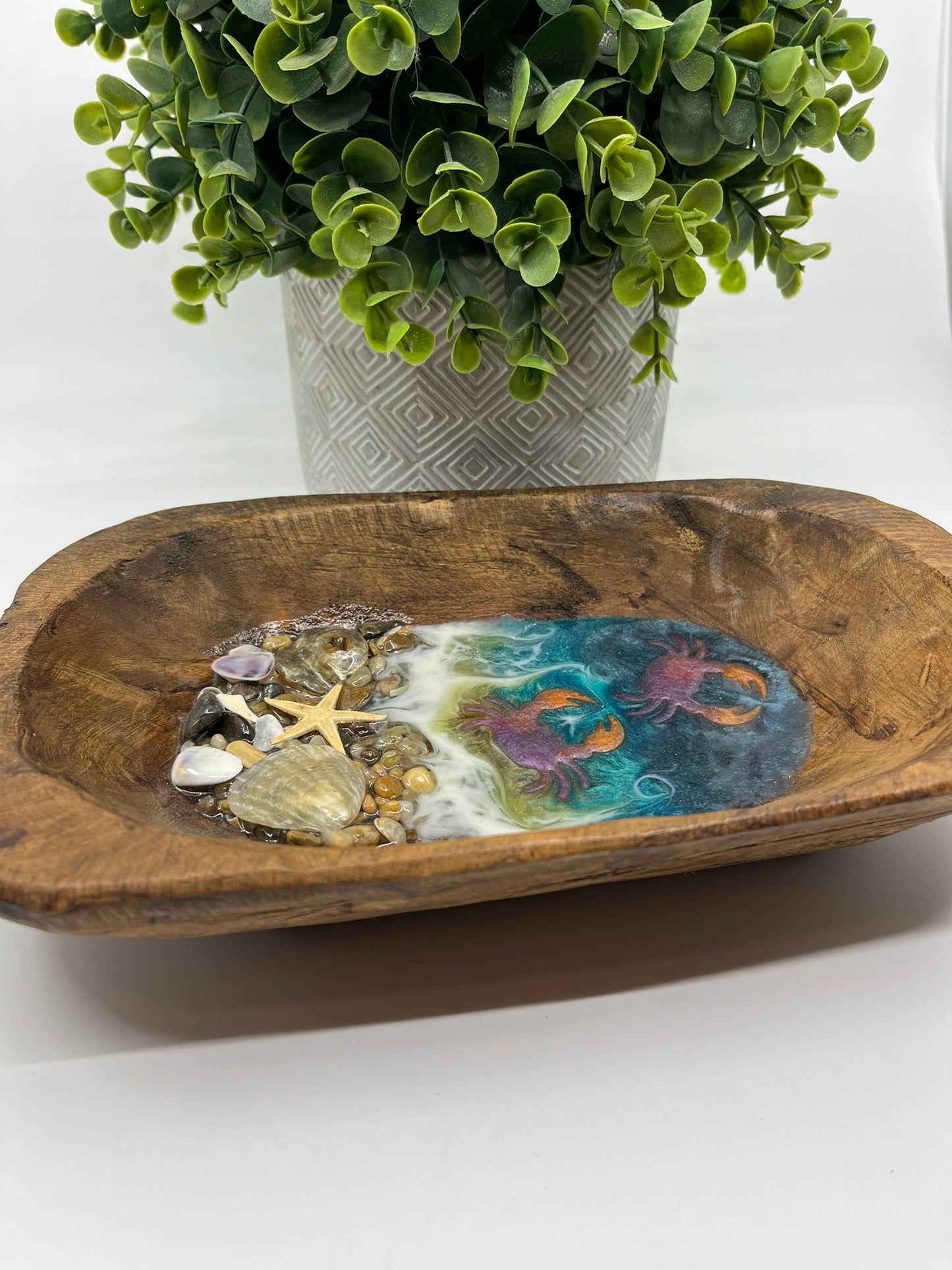 Wooden Primitive Dough Bowl with Ocean Resin Orange and Purple Crabs and Outer Banks Shells